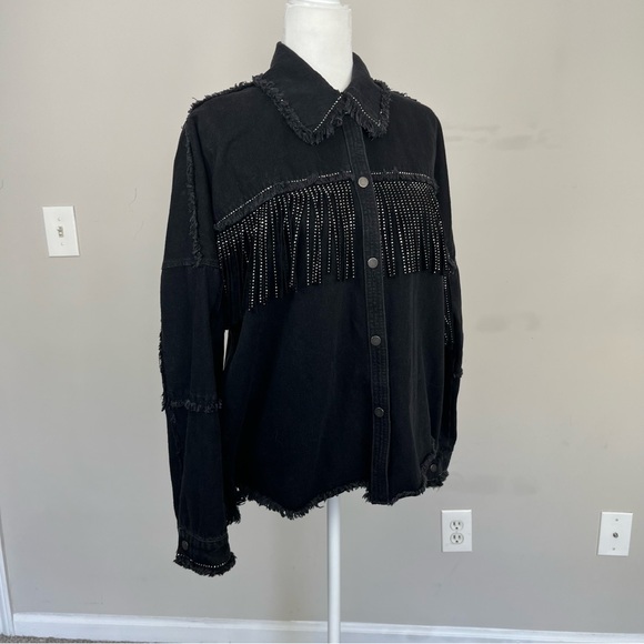 ZARA DENIM EMBELLISHED FRINGE BUTTON UP SHIRT JACKET SIZE SMALL IN BLACK - Picture 12 of 16